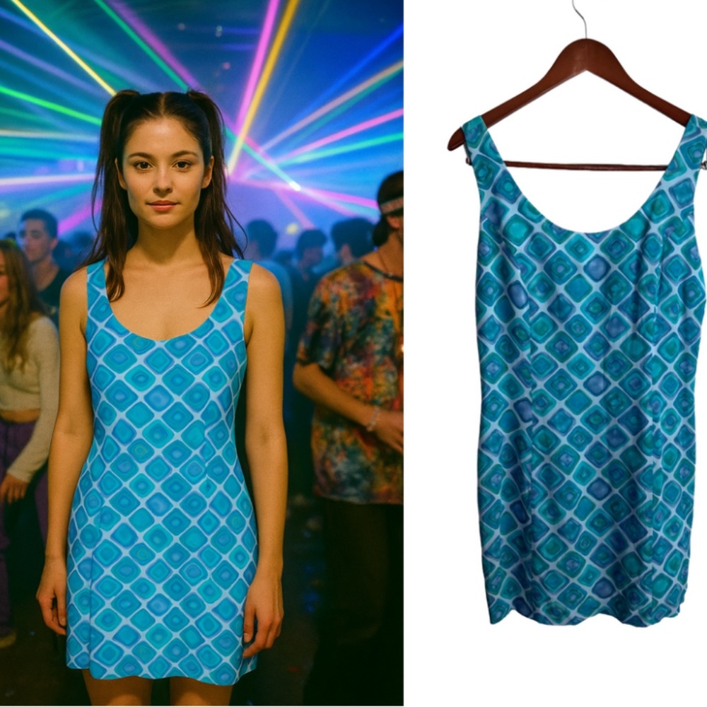 Epic New York Vintage 90s Blue Patterned Mini Dress Womens 10 Geometric Playful